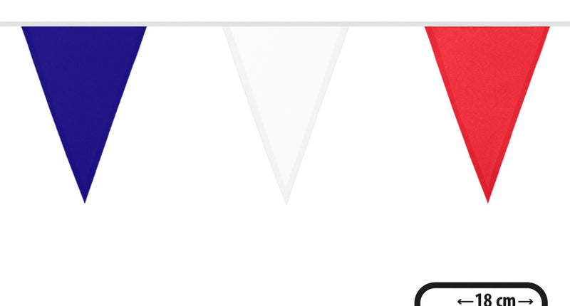 Vlaggenlijn Frankrijk met een blauw, wit en rood driehoekig vlaggetje en maataanduiding 26 x 18 cm
