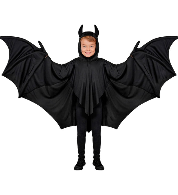 Vleermuis jas voor jongens in zwart met gespreide buigbare vleugels en capuchon met oren, voor Halloween