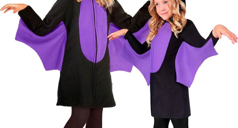 Vleermuis jurk met capuchon Milan in zwart met paarse vleugels, twee meisjes voor Halloween