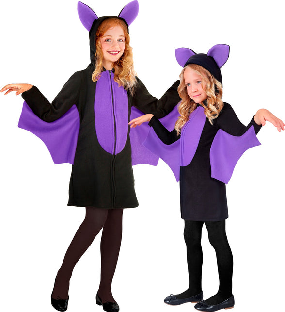 Vleermuis jurk met capuchon Milan in zwart met paarse vleugels, twee meisjes voor Halloween