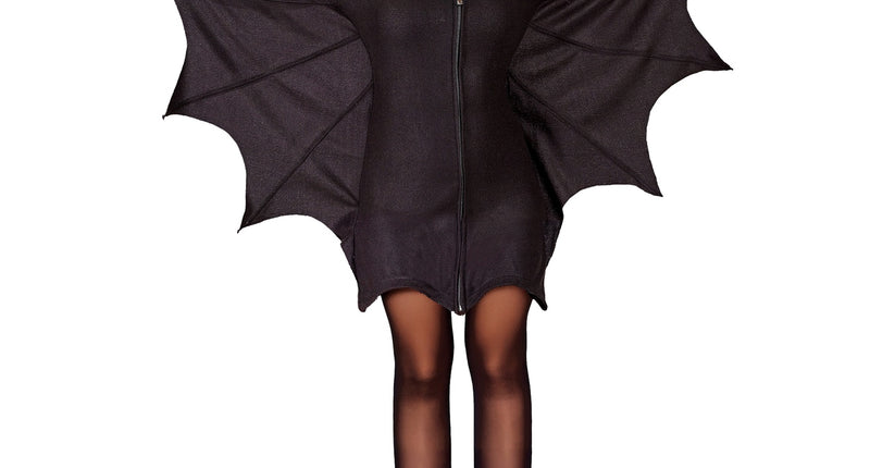 Vleermuis jurk met capuchon in zwart met gespreide vleugelmouwen en oren, voor Halloween