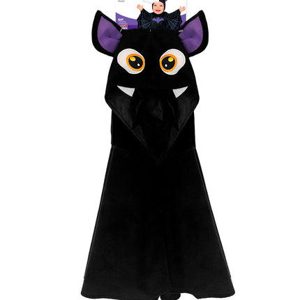 Vleermuis poncho met muts in de verpakking, zwarte kinderponcho van pluche met paarse oorbinnenkanten