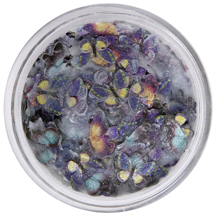 Vlinderglitters in wax in doorzichtig potje met paarse, gele en blauwgroene vlindertjes