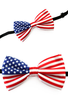 Vlinderstrik Amerikaanse vlag met blauw sterrenvlak en rood-witte strepen op zwart elastiek, voor themafeest