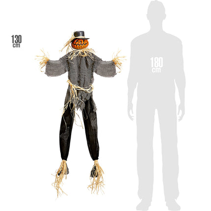 Vogelverschrikker decoratie van 130 cm naast silhouet van 180 cm, halloweenversiering om op te hangen