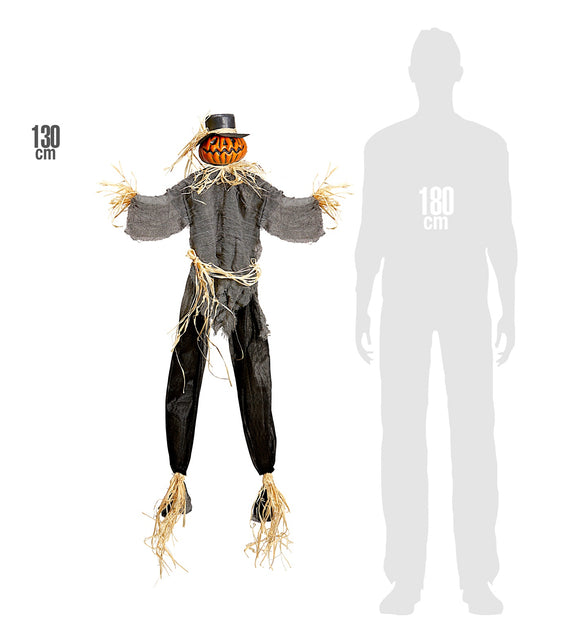 Vogelverschrikker decoratie van 130 cm naast silhouet van 180 cm, halloweenversiering om op te hangen