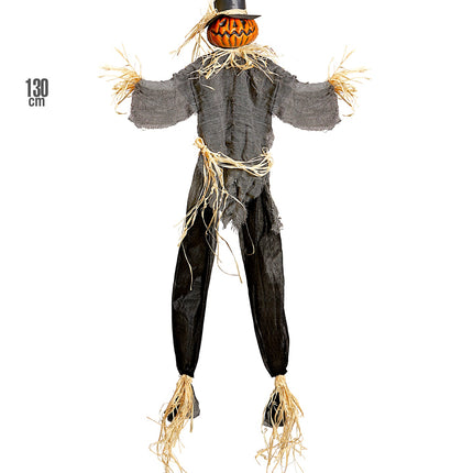 Vogelverschrikker decoratie 130cm hoog, hangende halloweenpop in zwart en grijs met stroslierten