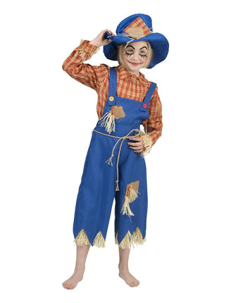 Vogelverschrikker pakje kids met blauwe salopet, oranjerood geruit shirt en blauwe hoed voor carnaval