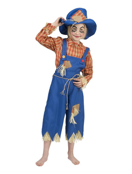 Vogelverschrikker pakje kids met blauwe salopet, oranjerood geruit shirt en blauwe hoed voor carnaval