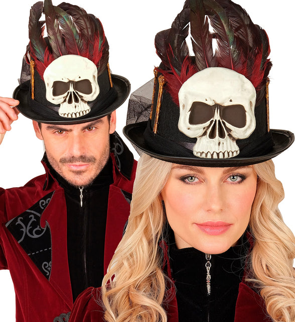 Voodoo hoge hoed Tess gedragen door dame en heer bij een Halloween-outfit