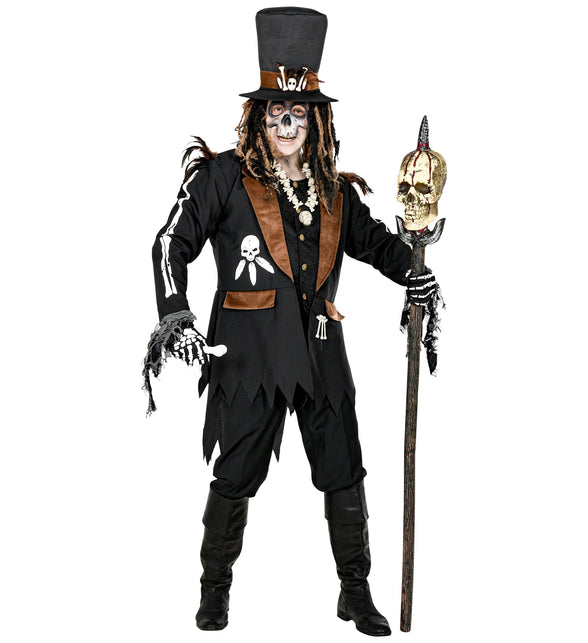 Voodoo priester pak heren in zwart met bruine kraag, botprint en hoge hoed voor Halloween
