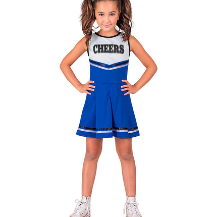 Vooraanzicht blauwe cheerleaderjurk voor meisjes met V-vormig wit bovenstuk en opdruk CHEERS