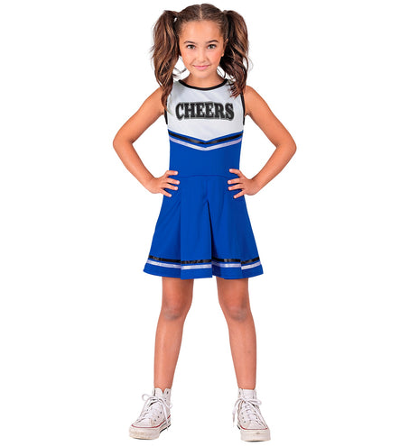 Vooraanzicht blauwe cheerleaderjurk voor meisjes met V-vormig wit bovenstuk en opdruk CHEERS