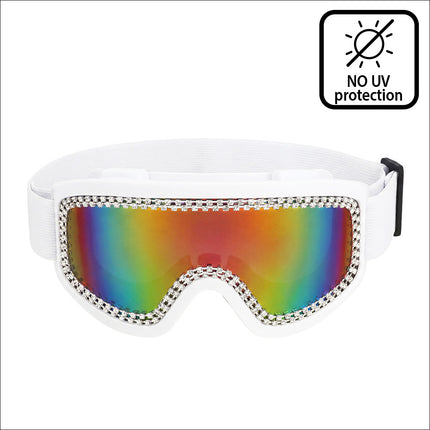 Vooraanzicht van de party skibril Rave wit met spiegelend regenboogvizier, twee rijen strass en brede band