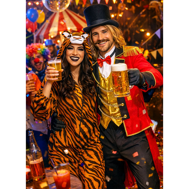 Vrouw in gestreepte tijgerjumpsuit met capuchon op een feest met confetti tijdens carnaval