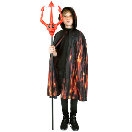 Vurige demonen cape kind in zwart met vlammenprint, met kap op, gedragen voor Halloween