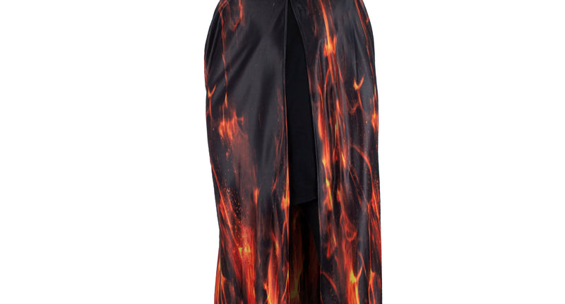 Vurige demonen cape volwassenen, lange zwarte cape met vlammenprint en puntige kap voor Halloween
