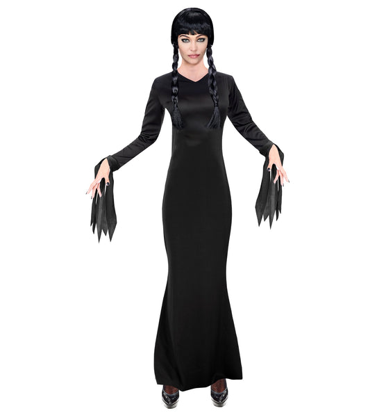 Wednesday donker meisje jurk dames, lange zwarte jurk met V-hals en gerafelde mouwpunten voor Halloween