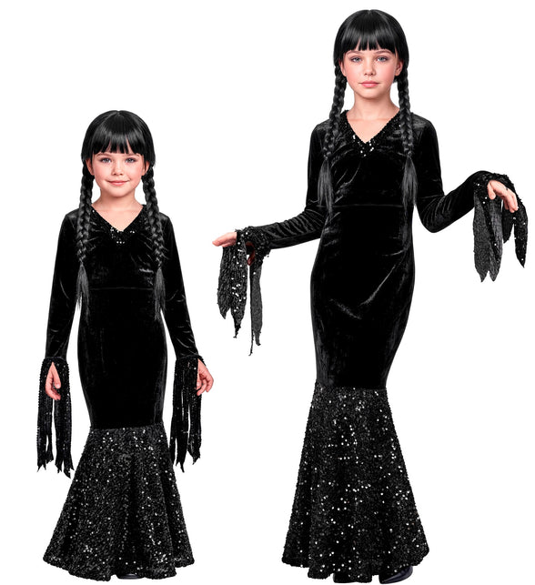 Wednesday donker meisje jurk in twee kindermaten, zwart met paillettenrok, voor Halloween