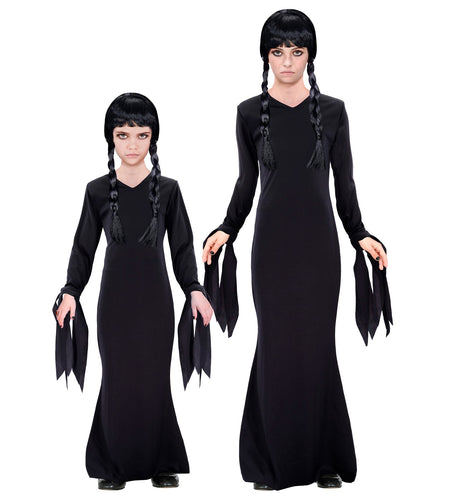Wednesday jurk kinderen in zwart, naast elkaar in kindermaat en tienermaat, voor Halloween