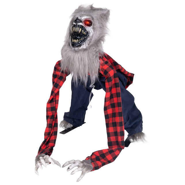 Weerwolf animatronic 73 cm in kruipende houding met grijze vacht en rood oplichtend oog voor Halloween