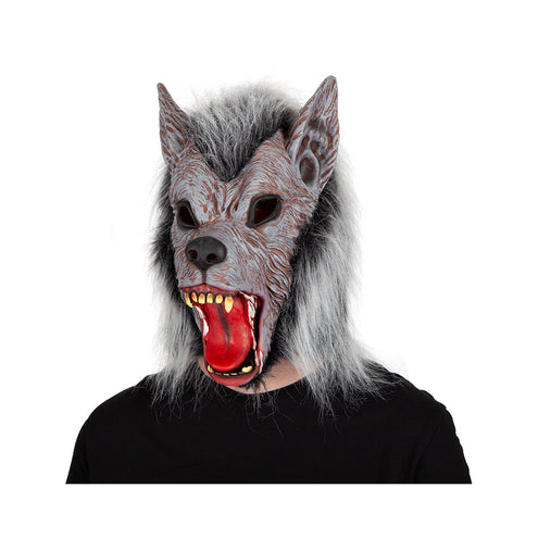 Weerwolf masker grijs met rechtopstaande spitse oren en zwarte neus, gedragen over het hele hoofd