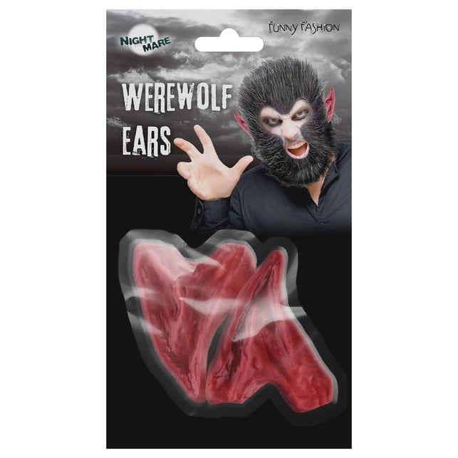 Weerwolf oren van Funny Fashion in doorzichtige blister op een ophangkaart met weerwolfopdruk