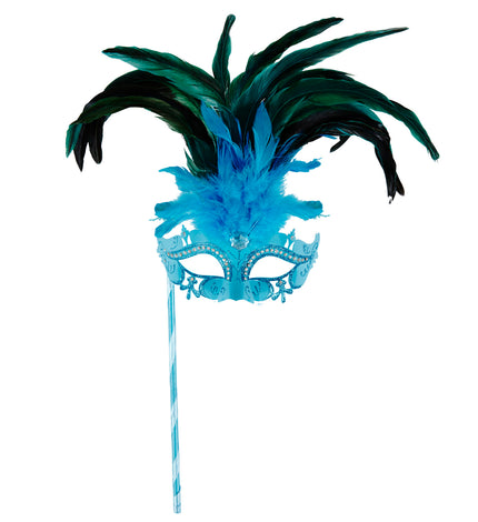 Widmann SRL Azur blauwe oogmasker met veren op stokje