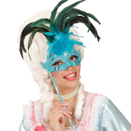 Widmann SRL Azur blauwe oogmasker met veren op stokje