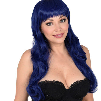 Widmann SRL Blauwe pruik met pony en krullend haar