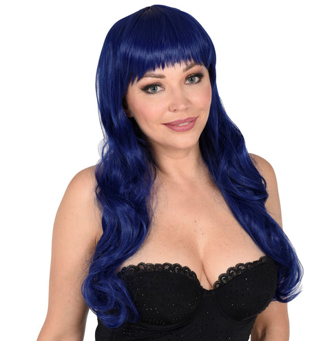 Widmann SRL Blauwe pruik met pony en krullend haar