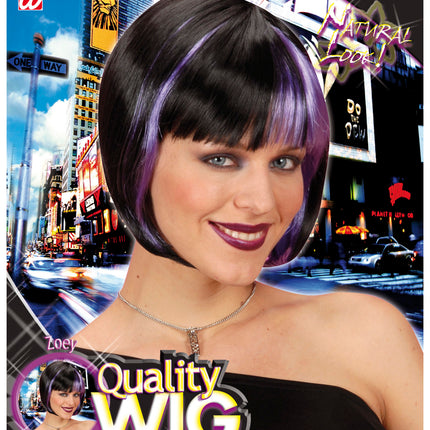 Widmann SRL Bob pruik zwart met paarse highlights