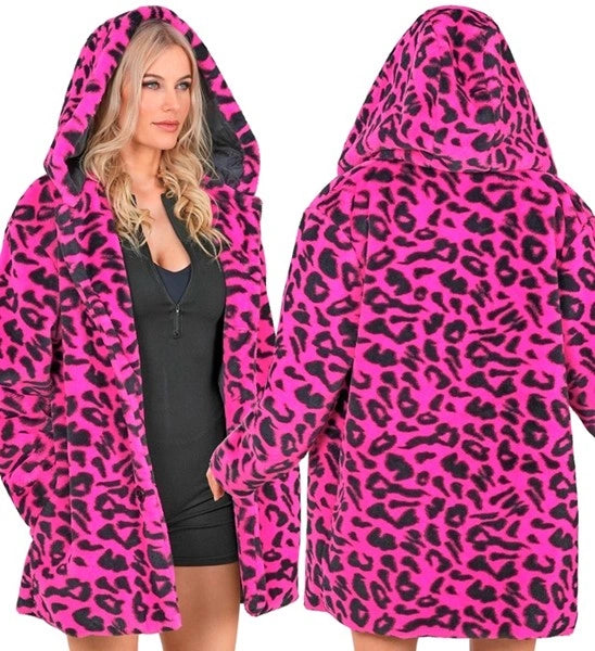 Widmann SRL Bontjas met muts pluche luipaard neon roze Roos