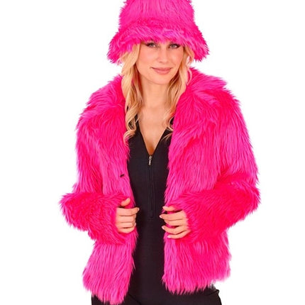 Widmann SRL Bontjas pluche dames neon roze kostuum Noah