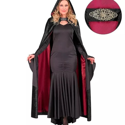 Widmann SRL Cape met kap zwart fluweel met rode binnenvoering 140cm Maud