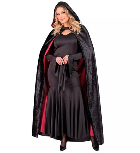 Widmann SRL Cape met kap zwart fluweel met rode binnenvoering 140cm Maud