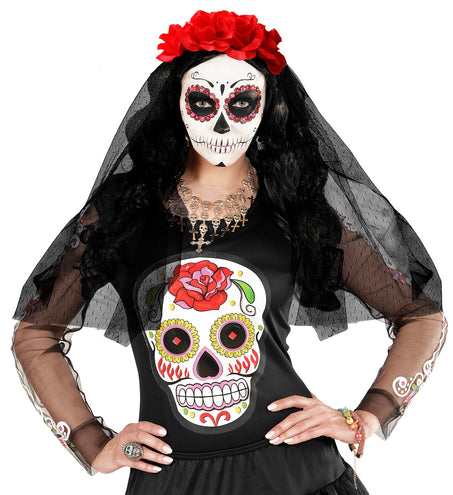 Widmann SRL Day of the dead lange sluier met rode rozen