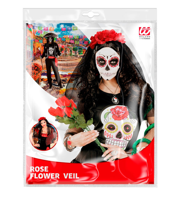 Widmann SRL Day of the dead lange sluier met rode rozen