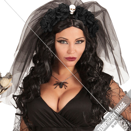 Widmann SRL Diadeem  day of death met 6 rozen  schedel en sluier zwart