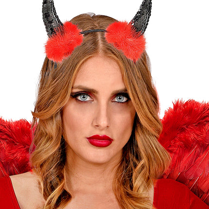 Widmann SRL Diadeem zwarte duivel hoorntjes met rode marabou