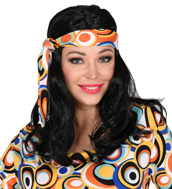 Widmann SRL Disco pruik hippie met hoofdband zwart