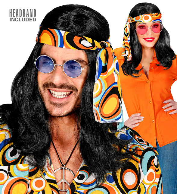 Widmann SRL Disco pruik hippie met hoofdband zwart