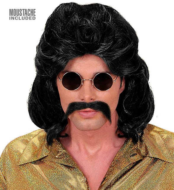 Widmann SRL Disco pruik seventies man zwart met snor