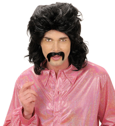 Widmann SRL Disco pruik seventies man zwart met snor