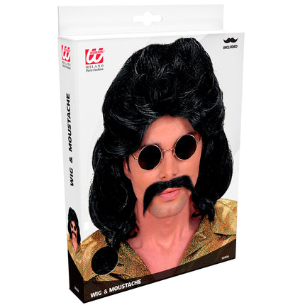 Widmann SRL Disco pruik seventies man zwart met snor