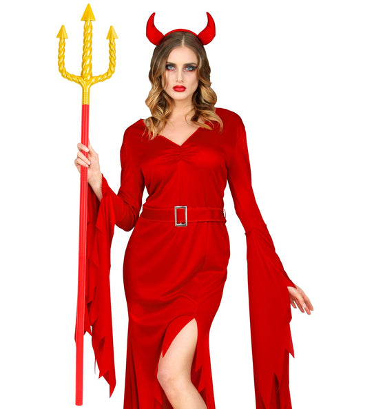 Drietand goud met rood van 137 cm, vastgehouden bij een rode duivelsjurk voor Halloween