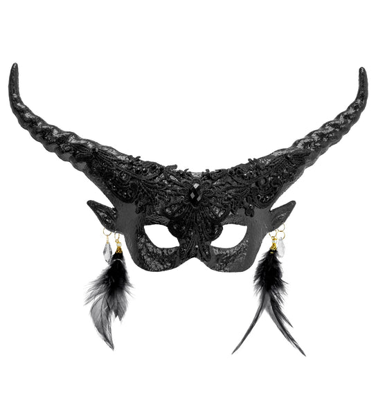 Duivel masker luxe zwart met lange gebogen horens, zwart kant en veertjes met druppelhangers