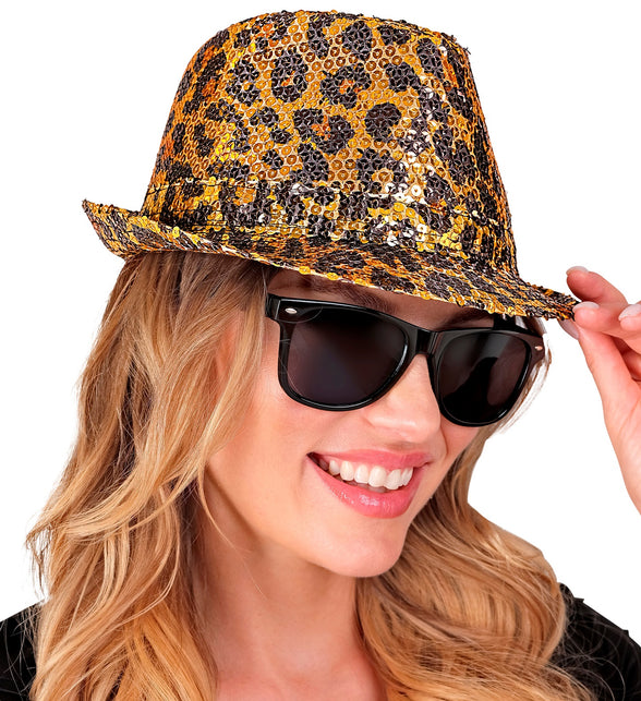 Widmann SRL Fedora pailletten hoed luipaard print