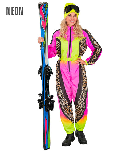 Widmann SRL Fout Ski Pak Snowboarder Luipaard Roze/Geel - Retro Skipak | Jaren 80 Foute Kleding