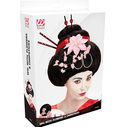 Widmann SRL Geisha pruik met stokjes en bloemen